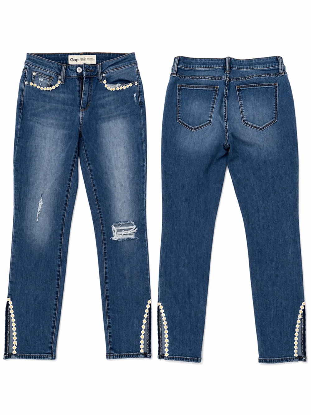 Gap Women’s Blue Denim Jeans with daisy trim flower trim curvy pants pantalones